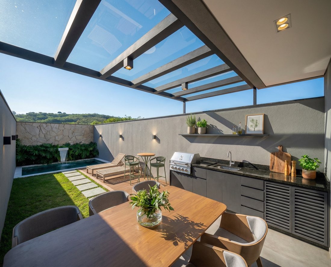 Quintal privativo com área gourmet, deck e piscina
